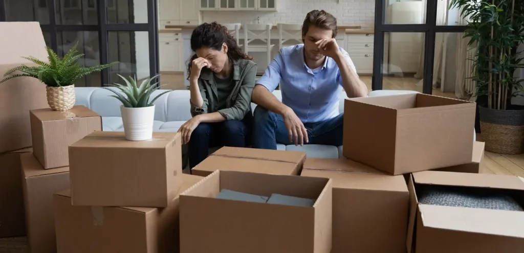 couple reviewing michigan city real estate options during divorce mediation.